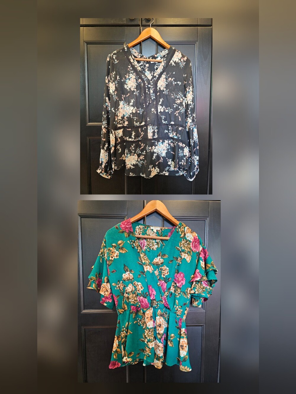 Set Of Two Flowy Floral Women's Tops- Black And Blue Green- Medium
